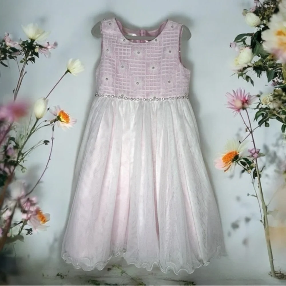 American Princess Pink and White Sleeveless Tulle Studded Pearl Flower Dress